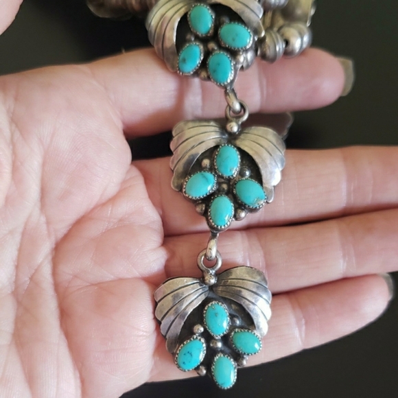 Vintage Turquoise Sterling Silver Pearls Necklace AND Cuff 123 grams Signed - Picture 3 of 11